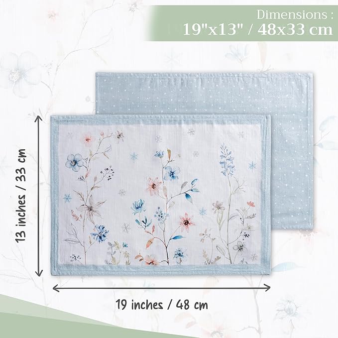 Maison d' Hermine Placemats Set of 4 100% Cotton Washable Cloth Place Mats, Reusable Table Mats for Thanksgiving Christmas Decorations Kitchen Dining Party Wedding Restaurant (Ice Florals, 13" x 19")