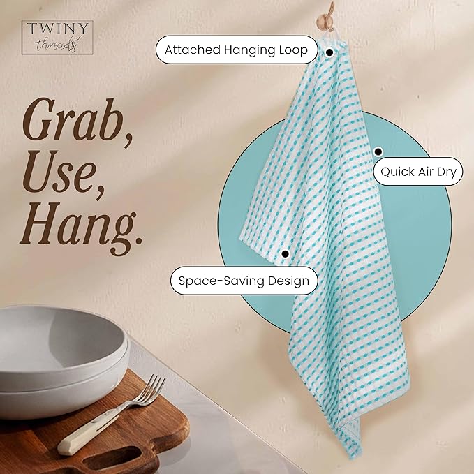 TWINY threads Waffle Kitchen Towels 4 Pack, 100% Cotton 16x26 Dishcloth Set, Highly Absorbent & Quick Dry Tea Towels for Drying Dishes, Cleaning Counters & Everyday Use, Aqua Blue, White