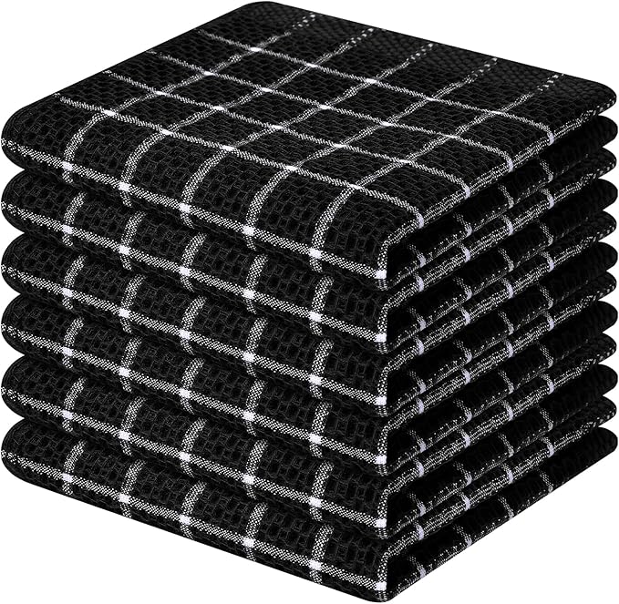 Homaxy 100% Cotton Dish Cloths, 6 Pack-12 X 12 Inches, Check Design Waffle Weave Dish Rags for Washing Dishes, Ultra Absorbent and Fast Drying Dishcloths, Black&White