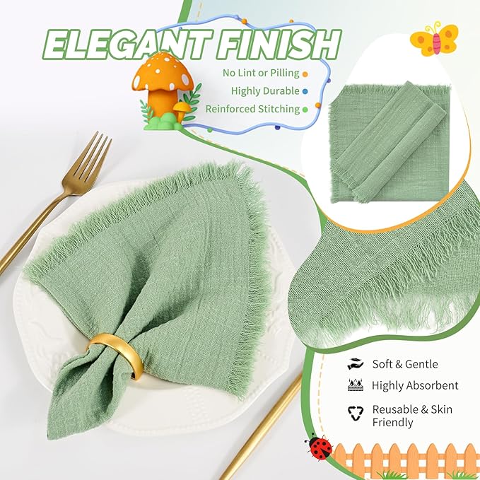 Showgeous 30 Pack Sage Green Cloth Napkins with Fringe 16x16 inch 100% Cotton Green Napkins Handmade Dinner Napkins Bulk Washable Soft Rustic Table Napkins for Wedding Parties Bridal Baby Shower