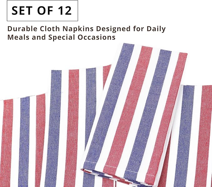 PurpleEssences 4th of July Plain Striped Cloth Napkins - Set of 12-100% Cotton - 18 x 18 Inch - Perfect Everyday Use Dinner Napkin - Red Blue White