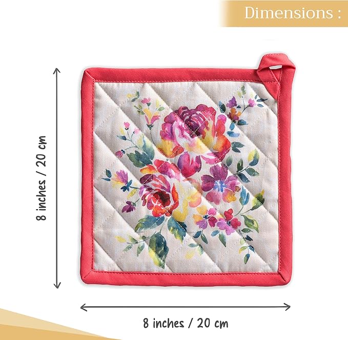 Maison d' Hermine Pot Holders 100% Cotton Heat Resistant Potholders 8" x 8" Hot Pads with Loop BBQ Cooking Baking Gifts for Mothers Day Handling Hot Pans Spring/Summer (Pack of 1, Rose Garden)