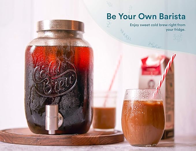 Kook 1 Gallon Mason Jar Drink Dispenser, Thick Glass Carafe, Stainless Steel Spigot and Mesh Filter, Premium Iced Coffee Maker, Cold Brew Pitcher & Tea Infuser