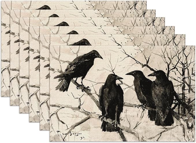 Crows Tree Branch Placemats Set of 6,12x18 Inch Bird Linen Place Mat Washable Stain Resistant Table Mats for Spring Summer Halloween Farmhouse Kitchen Party Home Decor