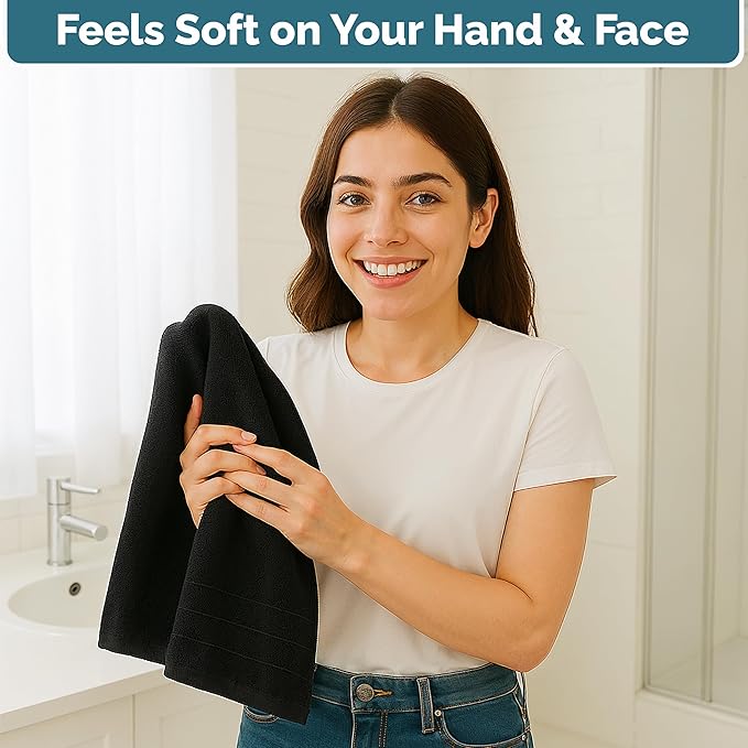Black Hand Towels for Bathroom - 6 Pack (16"x28"), 100% Ringspun Cotton Hand & Face Towel - Soft, Prevent Fraying, Fade and Shrink Resistant - Daily Use Gym Towels for Men & Family Bathroom Hand Towel
