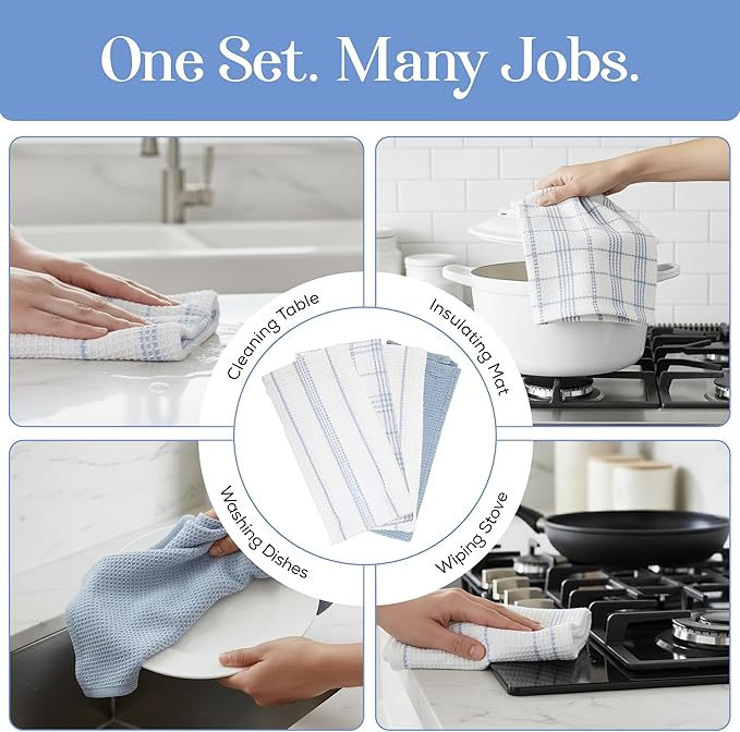 MosJos Kitchen Towels Set of 4 Dish Towels Blue n White Waffle Weave Cotton Hand Towels, 18 x 28 Absorbent Kitchen Linens