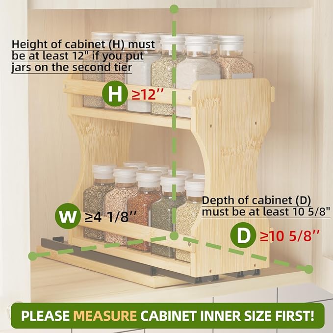 BAMEOS Pull Out Spice Rack Organizer for Cabinet, Bamboo Wide 4.2" Slide Out Seasoning Organizer for Kitchen, No Drill Anti-Tip Ball Bearing Silent Glides, Pantry Cabinet Organizer,Natural