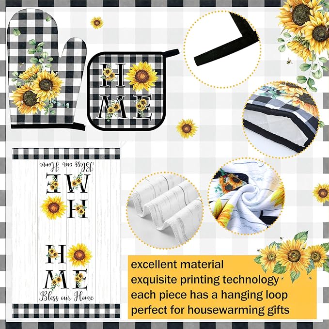 Leinuosen 8 Pcs Sunflower Checkered Kitchen Towels and Dishcloths Sets Oven Mitts and Pot Holders Sets Absorbent Kitchen Gloves Potholders Heat Resistant for Chef Baking Cooking