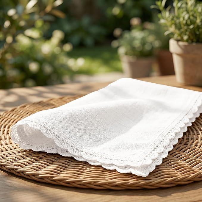 Flax Lace Cloth Dinner Napkins Set of 4 White - 20x20 Inch, Soft Durable Premium Cotton Linen Dinning Table Napkins Ideal for Wedding, Birthday, Guest | Spring Washable Napkin for Easter Basket Décor