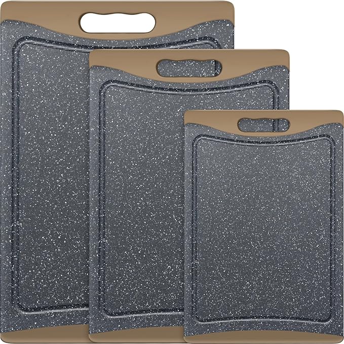 Extra Large Cutting Boards, Plastic Cutting Boards for Kitchen (Set of 3) Cutting Board Set Dishwasher Chopping Board with Juice Grooves Easy-Grip Handles, Brown, Empune