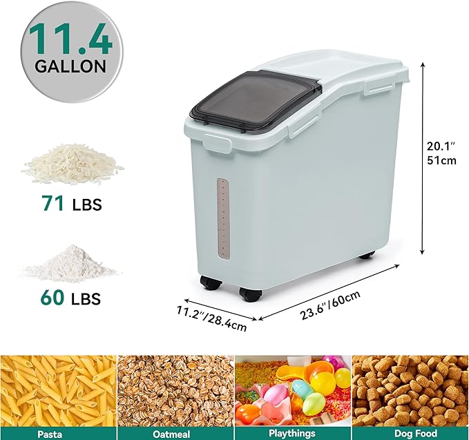 YITAHOME Large Flour & Rice Food Storage Bins, 11.4-Gallon with Wheels, Scoop and Airtight Lid for Bulk Cereal Grain, Sugar - Gray