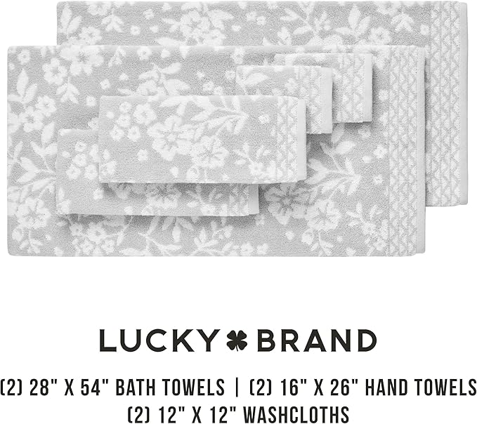Lucky Brand Folk Floral 6 Piece Bath Towel Set - (2) Bath Towels, (2) Hand Towels, and (2) Washcloths - Glacier Grey Premium Bathroom Towel Set