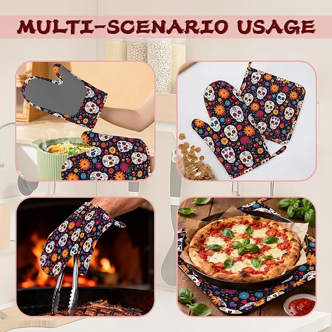Mexican Skull Heat-Resistant Silicone Oven Mitts and Pot Holders 4 Piece Set,Sugar Skull Day of The Dead Extra Long Non-Slip Kitchen Oven Gloves for Cooking, Baking, BBQ,Grilling