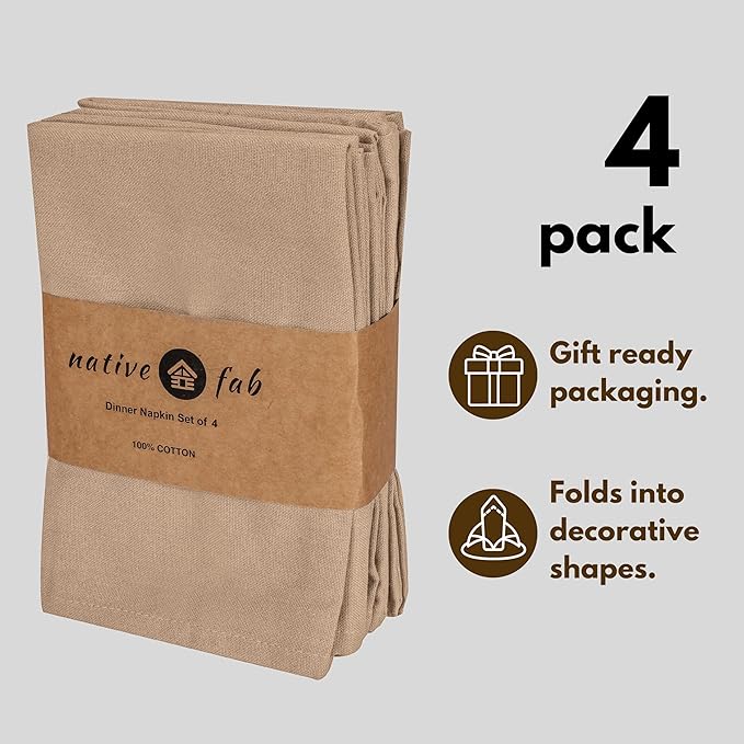 Native Fab Solid Cloth Napkin Set of 4, 100% Cotton, Washable, Reusable Dinner Cloth Napkin 17x17 inches, Table Decor Napkins for Dinner, Events, Beige