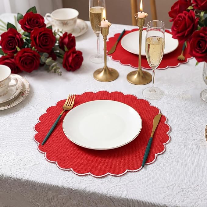 Set of 12 Red Cotton Placemats 15 Inch Round Scalloped Embroidery Placemats Washable Double Layered Rustic Table Mat Fabric Napkins for Wedding Table Decor