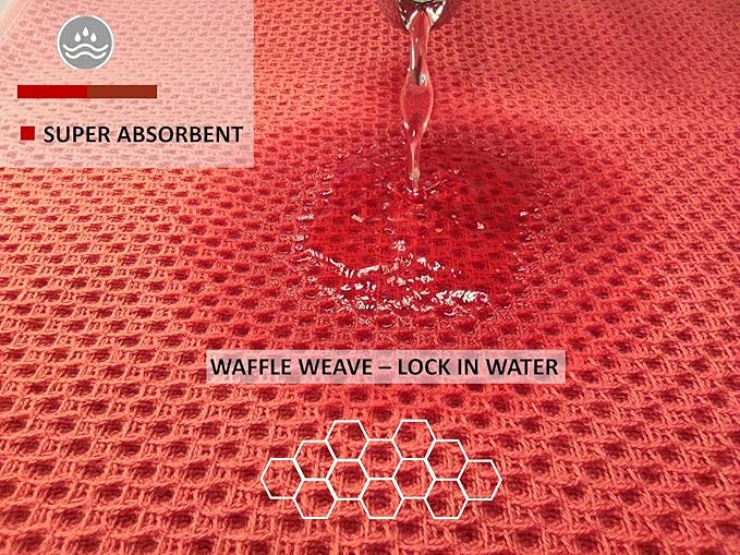 Kitchen Towels 100% Cotton Waffle Weave Dish Towel for Cleaning Drying Dishes Extra Absorbent and Soft, Dish Cloth,13 x 28 in(Reddish Orange-4 Pack)