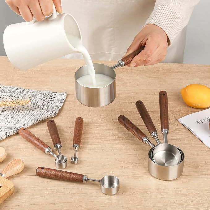 Smithcraft Measuring Cups and Spoons Set 8, 18/8 Stainless Steel Measuring Cups and Spoons Set for Baking and Kitchen, Metric & US Metal Measure Cup & Spoon with Wood Handle for Dry & Liquid