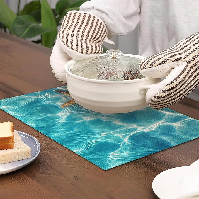 Placemats Set of 6,Starfish Shells Table Mats,Sea Beach Washable Linen Table Mats,Non-Slip Heat Resistant Placemats for Party Kitchen Dining Indoor Outdoor 12"x18"