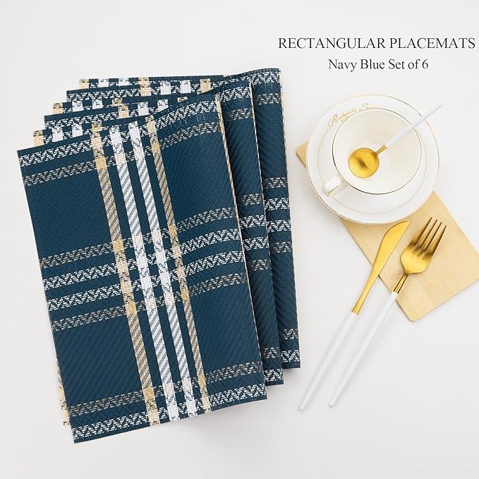Placemats Set of 6, Washable Vinyl Place Mats Heat Resistant PVC Weave Table Mats for Dining Table Decoration Indoor/Outdoor Non-Slip Easy to Clean (Blue)