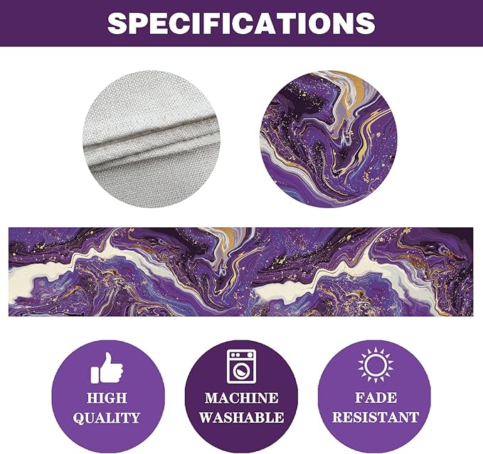 Marble Table Runner 72 Inches Long, Purple Golden Marble Texture Table Runner Dresser Scarves, Rustic Burlap Dining Room Table Decor for Kitchen Wedding Farmhouse Indoor Outdoor Home Party