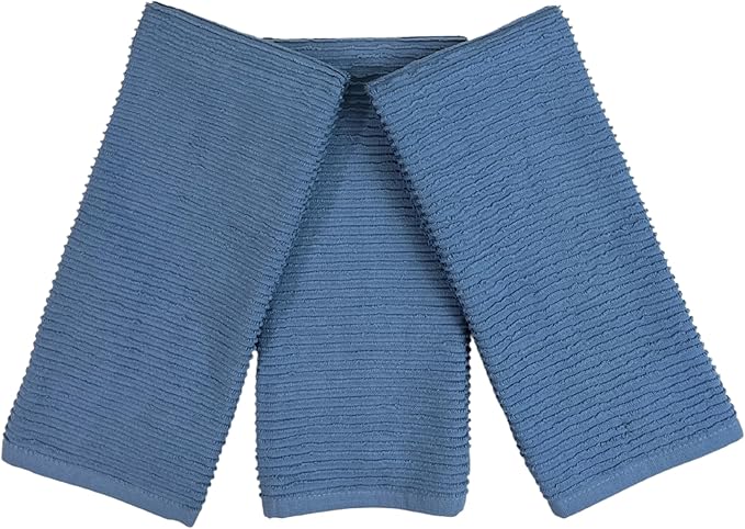 Chambray Light Blue Kitchen Hand Dish Towels: Oversized 28" x 18", 100% Cotton Cloth Soft Cleaning Drying Absorbent Textured Design, Set of 3 Multipurpose for Everyday Use