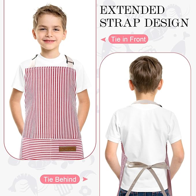 2 Pack Stripes Kids Apron, Kids Cooking Aprons with 2 Pockets, Cute Aprons for Cooking for Boys and Girls