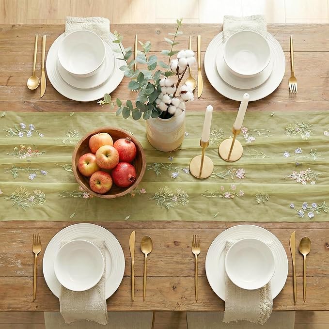 Artoid Mode Wildflower Floral Fern Green Gauze Embroidery Table Runner 120 Inch 10FT, Tulle Seasonal Spring Kitchen Dining Table Decor for Home Party