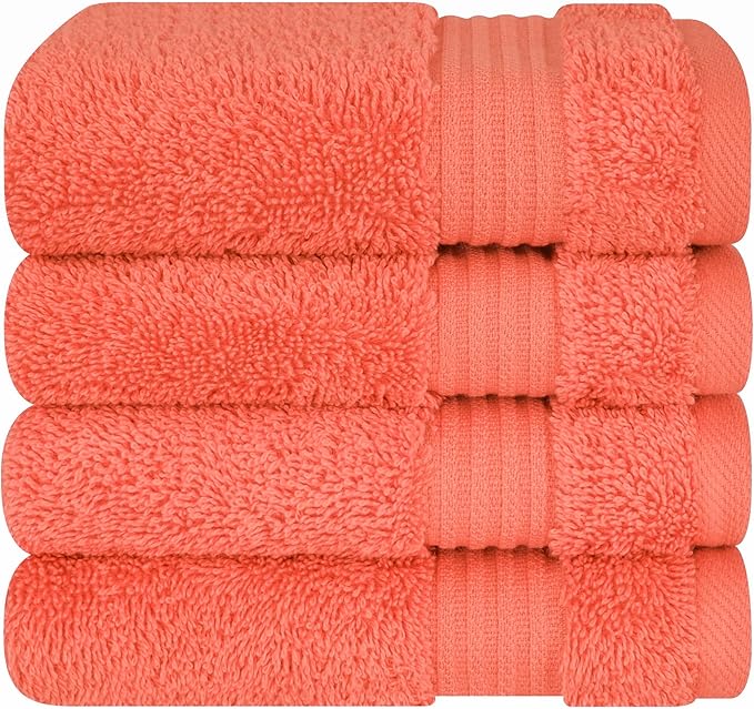 Cotton Paradise 100% Cotton Turkish Washcloth Set for Bathroom, 4 Piece Soft Absorbent Small Towels Wash Rags, Coral