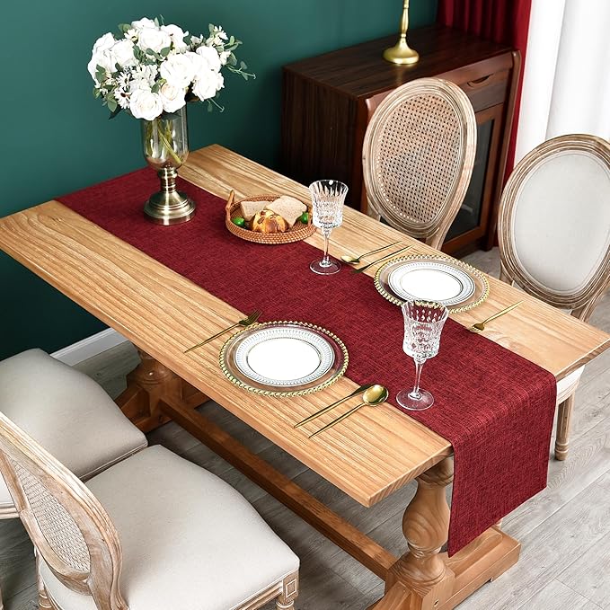 Farmhouse Rustic Faux Linen Table Runner Neutral Burgundy Table Runners Double Layer Reversible Rectangle Runners for Daily Use Kitchen Dining Banquet Holiday 13x48 Inch
