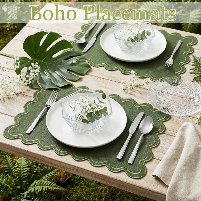 HunnmingRe Set of 6 Cotton Linen Placemats, 13x19 Inch Scalloped Wavy Embroidery Placemat Double Layered Washable Rustic Rectangle Dinner Table Mats for Wedding Home Decor(Moss Green with Green)