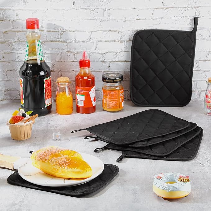 Hoolerry 20 Pieces Pot Holders with Pocket Sublimation 7x9'' Cotton Oven Pot Holders Bulk with Hanging Loops Pads for Kitchen Cook Baking (Black)
