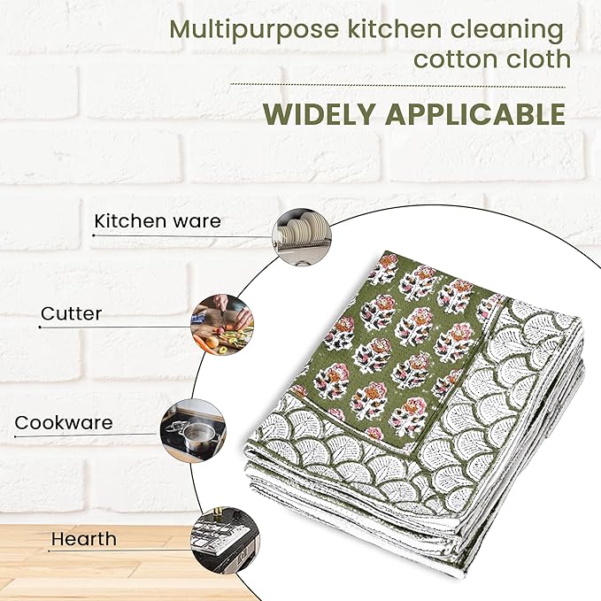 CPC Jade Green Hand Block Print Waffle Kitchen Towel Set of 3-16 x 28 Inch Ultra Absorbent Quick Dry Cotton Dish Towels Lightweight Reusable Sustainable Tea Towels for Cleaning and Drying