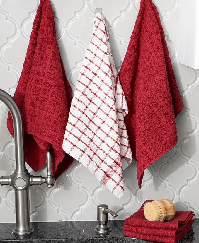 Ritz Premium Kitchen Towel and Dish Cloth Value Set: Highly Absorbent, Super Soft, Long-Lasting, 100% Cotton Checked and Solid Hand Towels, Tea Towels, Bar Towels - 12-Pack, Paprika/Graphite