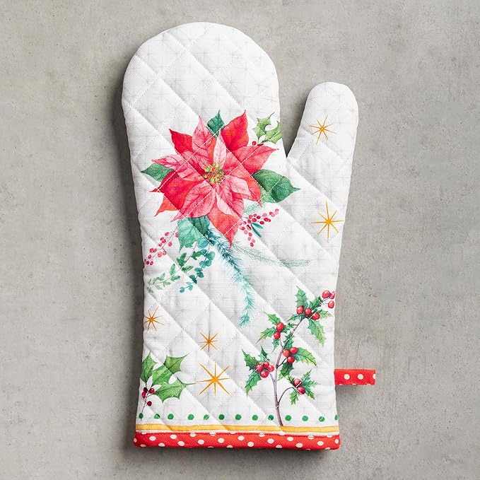 Maison d' Hermine Oven Gloves 100% Cotton Oven Mitt 7" x 13" with Loop Heat Resistant Cooking Gloves for Thanksgiving Christmas Decorations Baking Handling Hot Pans (Pack of 1, Poinsettia Christmas)