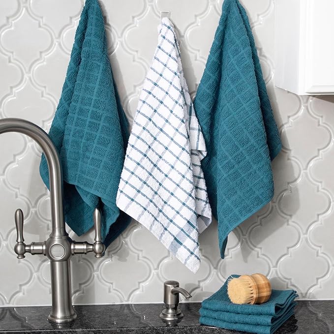 Ritz Premium Kitchen Towel and Dish Cloth Value Set: Highly Absorbent, Super Soft, Long-Lasting, 100% Cotton Checked and Solid Hand Towels, Tea Towels, Bar Towels - 6 Pack, Atlantic