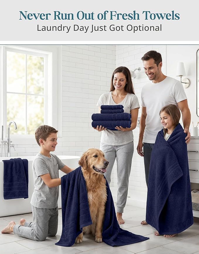 24-Piece Premium Bathroom Towel Sets – Ultra Soft 100% Cotton Towel, 2 Bath Sheets, 2 Bath, 2 Gym Towel, 4 Fingertip, 6 Hand, 8 Washcloths, Hotel & Spa-Quality Design, Easy to Wash – Navy
