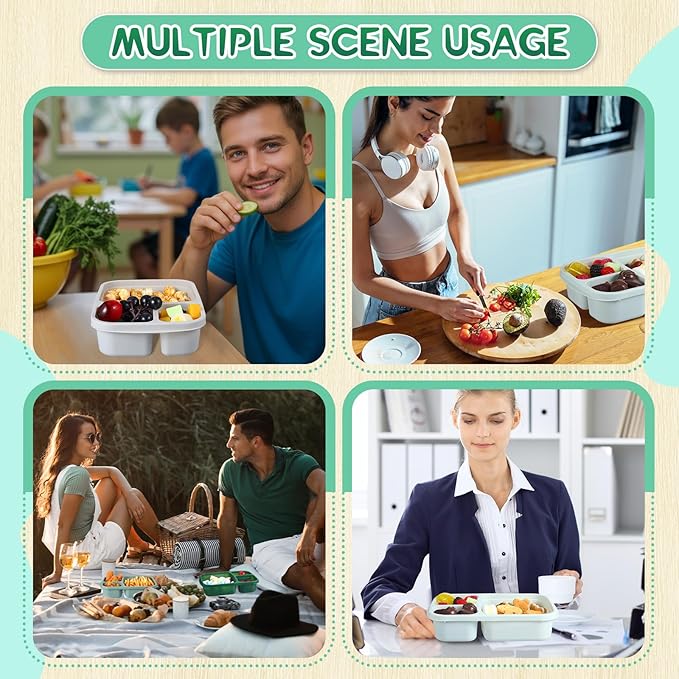 Honeydak 5 Pack Snack Containers 3 Compartment Bento Snack Boxes Divided Meal Prep Containers with Lids Reusable Adults Lunch Food Storage Box for School Work Travel(Sage Color)