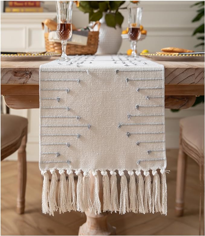 Boho Table Runner 13 x 108 Inch Long Natural Cotton Woven Runner with Tassels for Home Dining Table décor, for Modern Farmhouse Decor Coffee Table Runner, Grey and Beige