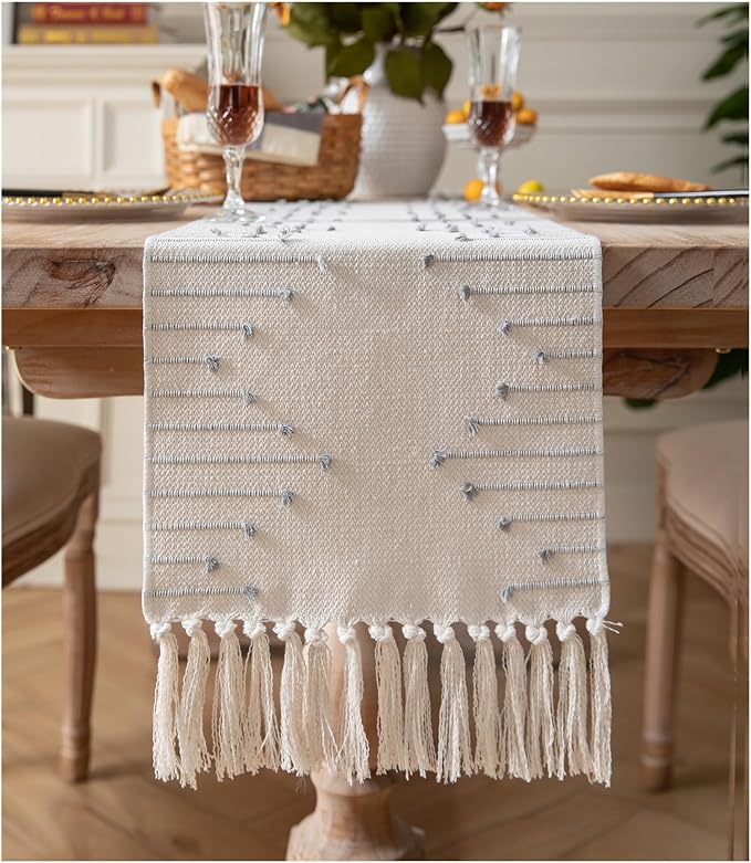 Boho Table Runner 13 x 90 Inch Long Natural Cotton Woven Runner with Tassels for Home Dining Table décor, for Modern Farmhouse Decor Coffee Table Runner, Grey and Beige
