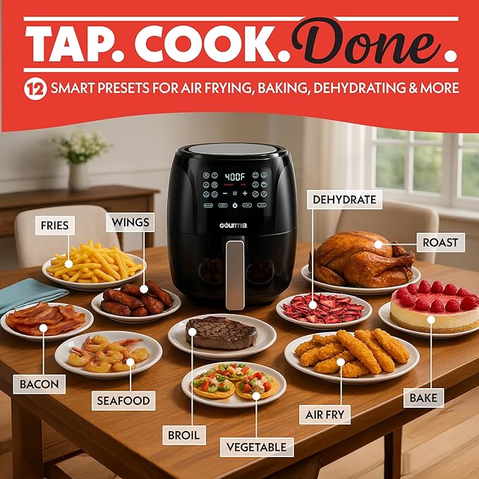 Gourmia Air Fryer - 4 Qt Capacity, FryForce360º, Digital Display with 8 Presets, Roast, Bake, Broil, Dehydrate, Dishwasher Safe Accessories, Compact, Black