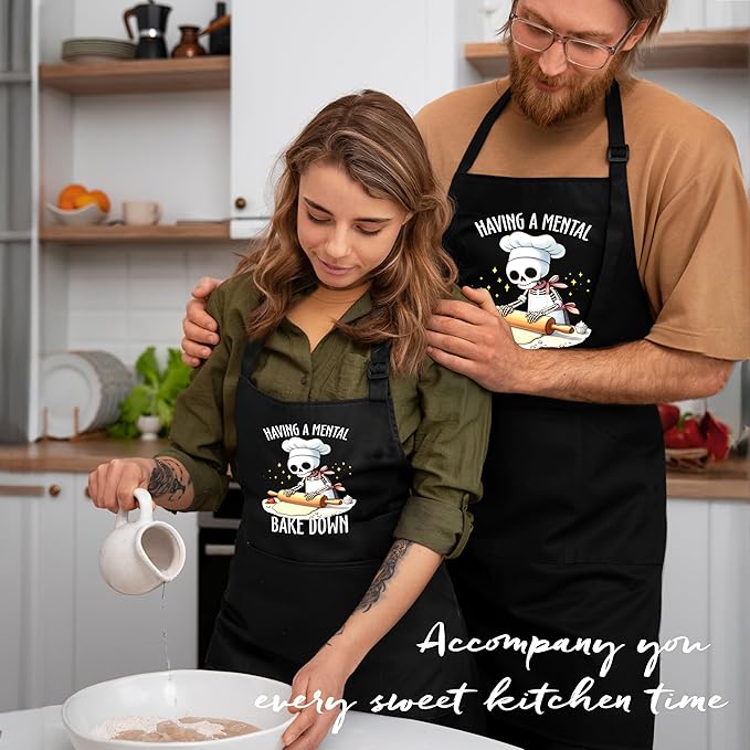 Funny Skeleton Baker Baking Apron with Pockets, Baking Lovers Bread Baker Gifts, Having a Mental Bake Down Waterproof Adjustable Cooking Apron for Kitchen Dishwashing Grilling