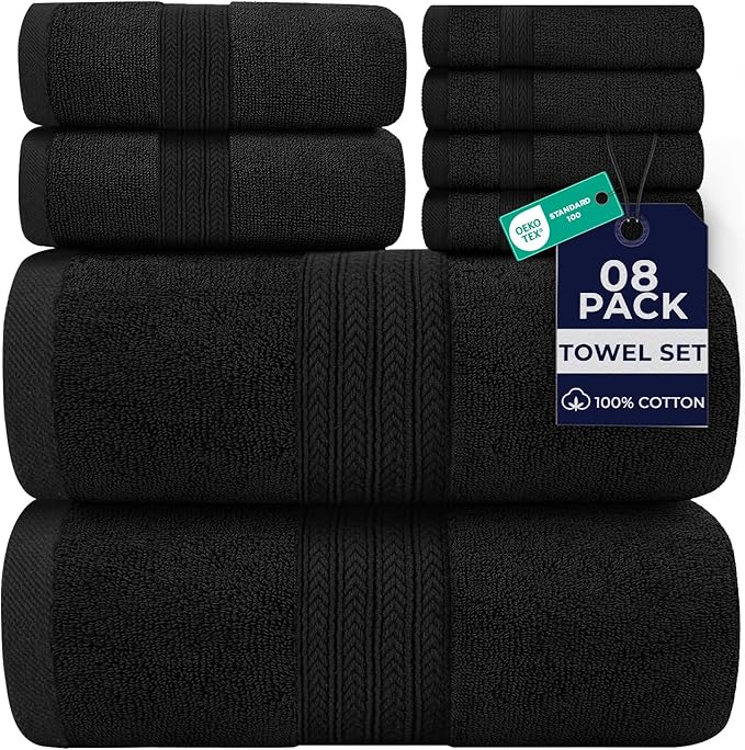 DAN RIVER 8 PC Luxury Bath Towels for Bathroom, 2 Bath, 2 Hand, and 4 Wash Cloths, 600 GSM 100% Ring Spun Cotton Towel Set, Highly Absorbent, Gym, Hotel, and Spa, Black
