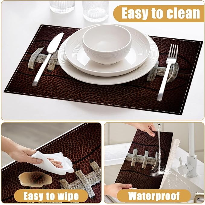 American Football Placemats Set of 6, Sport Ball Lover Linen Place Mat Washable Stain Resistant Table Mats for Farmhouse Kitchen Dining Party Wedding Decor 12x18 Inch