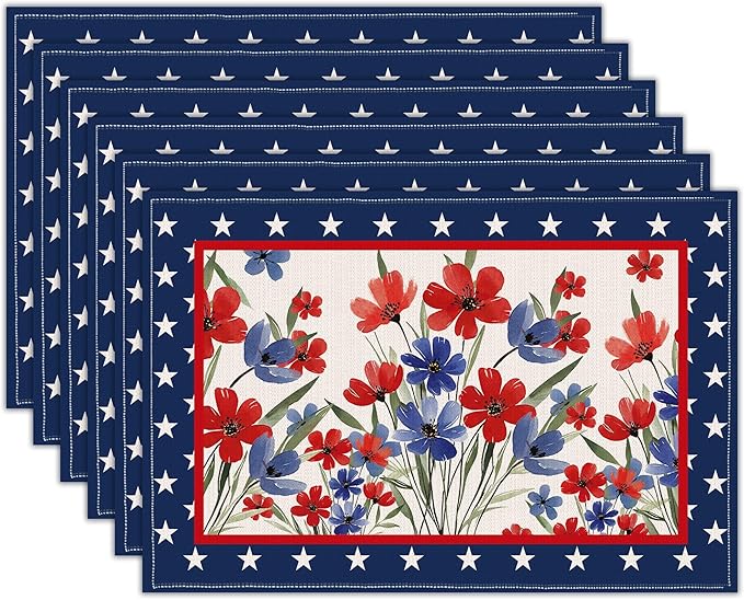 Patriotic Red White Blue Floral Placemats, USA 250th Anniversary 1776-2026 Independence Day Placemats, Watercolor Floral Patriotic Table Mats for 4th of July Memorial Day Party Decor, Set of 6