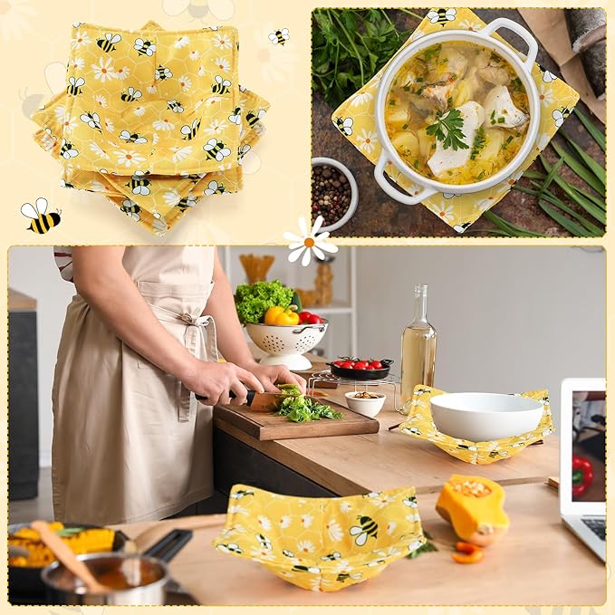 Cunhill 4 Pcs Cotton Microwave Bowl Cozy Holders for Hot Food Hot Pads Soup Bowl Potholders Heat Resistant Multipurpose Quilted Safe Holders for Kitchen Plate Supply(Bright Yellow,Bee Style)