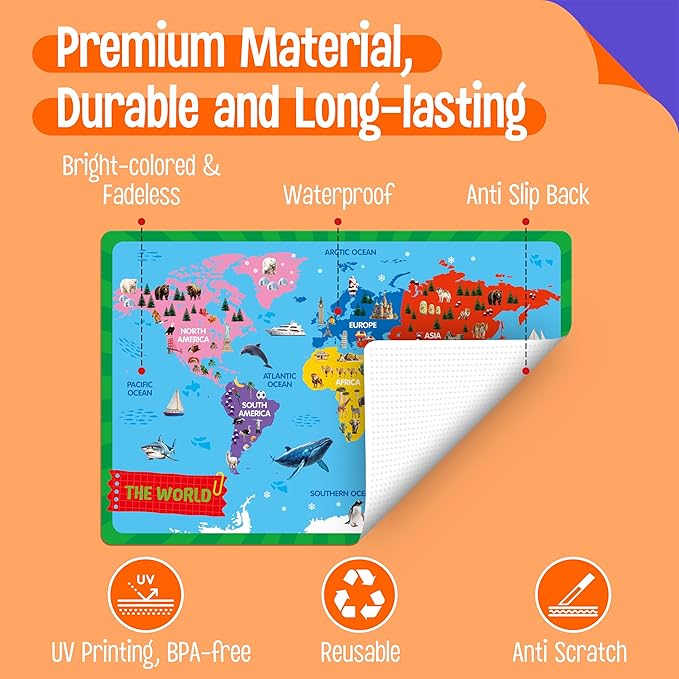 6 Pack Placemats for Kids, Non-Slip Washable, Reusable Alphabet, Number, Shape & Color, Universe, Map, Different Themed Educational Table Mats for Home, Kindergarten, Classroom, Nursery