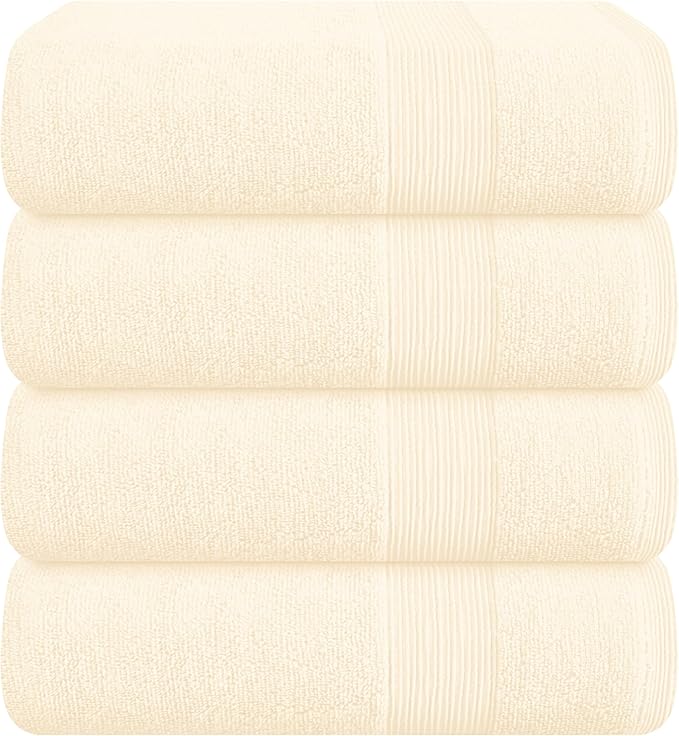 Belizzi Home 4 Pack Bath Towel Set 27x54, 100% Ring Spun Cotton, Ultra Soft Highly Absorbent Machine Washable Hotel Spa Quality Bath Towels for Bathroom, 4 Bath Towels - Ivory