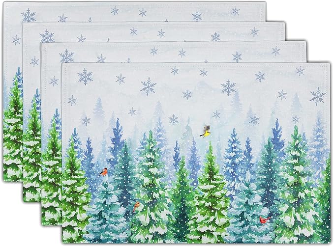 Watercolor Christmas Trees Place Mats - Welcome Winter Birds Placemats Set of 4 Snowflake Art Table Mat for Indoor Outdoor Dining Decorations 12 x 18 Inch