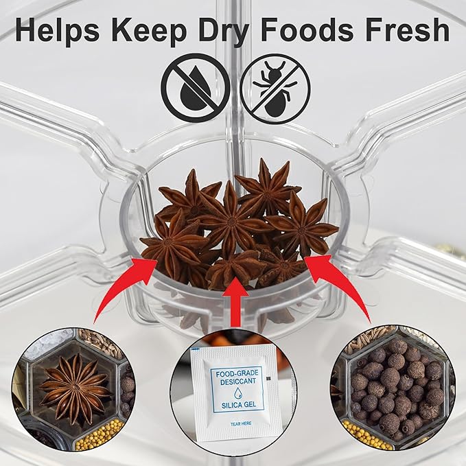 6-Compartment Rotating Grain Dispenser for Kitchen Pantry, One-Press Dry Food Storage Container for Rice, Beans, Oats, Cereal, Clear Multi-Section Food Organizer