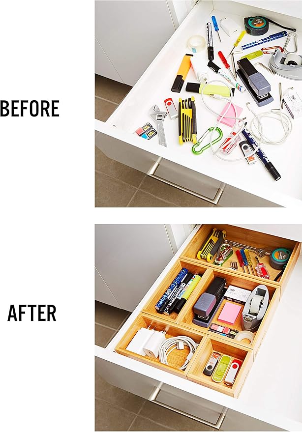 Bamboo Drawer Organizer and Storage Set, Multi-use Set of 5 Storage Trays, Wood Boxes of various sizes for Office Desk or homework, Kitchen, Bathroom Jewelry, Cosmetic Make up, Baby Bedroom, Junk.